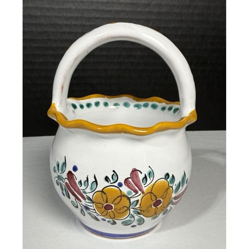 Vintage Florall Red Clay Pottery Hand Painted Basket With‎ Handle  Italy?